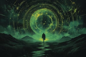 Illustration, dark fantasy, chiaroscuro, far away  side  shot, small image of a masked person on the left walking down a hill, close up ofa giant geometric astromnomical patterned lines surrond the moon center in the background, darkened sky