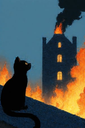 fairy tale illustrations,Simple minimum art, 
black cat of mischief looking over a burning building
 lyh_niji,anime,flat colors,by_M_T_Ross 