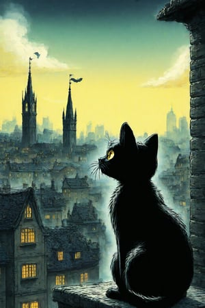 fairy tale illustrations,Simple minimum art, 
black cat of mischief looking over a city on chaos