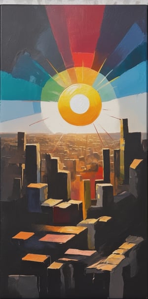  
high above in the sky image of a small sun with a black hand over shadows sun the sun, a rainbow of colors surrond the sky into the black canvas sky, sun overlooking the shadow of a ruined city

oil painting of geometric shapes and abstaction
Acrylic painting abstract illustration, 