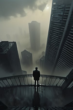  cloudy day, parkor person looking down at the street from balcony on top a giant sky scraper , looking down at streets bekbelo, , a strong fog near the building is seen overtaking the street below casting shadows, black sky, dark clouds, night time, art by ZdzisLaw Beksinski,
sharp focus, high quality, 4k high resolution,
dagobahlnd 