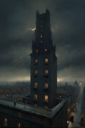  cloudy day, parkor person looking down at the street from balcony on top a giant sky scraper , looking down at streets bekbelo, , a strong fog near the building is seen overtaking the street below casting shadows, black sky, dark clouds, night time, art by ZdzisLaw Beksinski, sharp focus, high quality, 4k high resolution, dagobahlnd, art by ZdzisLaw Beksinski,
sharp focus, high quality, 4k high resolution,
dagobahlnd 