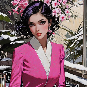 portrait of a sophisticated girl,20yo,sitting in cafe,alluring neighbor's wife,clear facial features,detailed exquisite face,perfect female form,hourglassfigure,elegant jacket on dress,detailed backdrop,(Flamingo Pink,Stained Beige,Purple Gray,Creamy White color),
trending on artstation,perfect composition,cinematic lighting,anime vibes, Kugisaki nobara,(close up),by Karol Bak, Alessandro Pautasso and Hayao Miyazaki
BREAK A realistic photo of modern luxury cafe in winder resort1,snow,tree,winter resort1