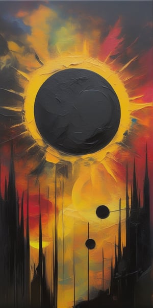  traces of a wide dry brush, oil paint, high-energy, dark gothic Acrylic painting abstract illustration, dark fantasy art. vibrant colors, dynamic compositions combined with geometric shapes. vibrant colors and  , back ground shows  a gaint sun during a  eclipse, yellow sun with black circle in the middle,  vibrant colors illuminate  the sky from black canvas