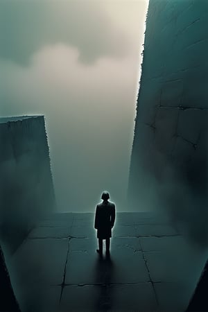  cloudy night, parkor person looking down from on top a giant balcony ,  labyrinth below, , a strong fog  is seen overtaking the labyrinthbelow casting shadows, blackness, dark clouds, night time, art by ZdzisLaw Beksinski, sharp focus, high quality, 4k high resolution, dagobahlnd, art by ZdzisLaw Beksinski,
sharp focus, high quality, 4k high resolution,
dagobahlnd 