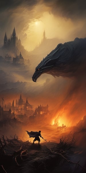dark fantasy art style,  knight fighting a giant fantasy dragon, burned village in background, highly detailed, morning dawn, (mystical dense fog), oil and watercolor painting, epic scene, (dense smoke by Kim Keever), dark, moody, dark fantasy in style of Frank Frazetta, Bosstyle, , ,sci-fi,Movie Still