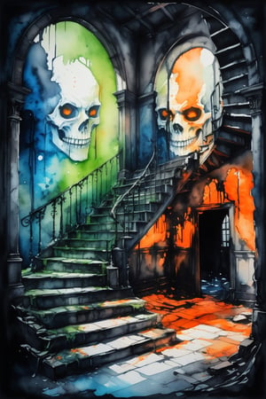 a ruined building with stairs sitting  haunted house interior, orange for lights, green and blue colors saturated and cinematic lighting, gothic ink style,painting with water colors,watercolor, black ink lines