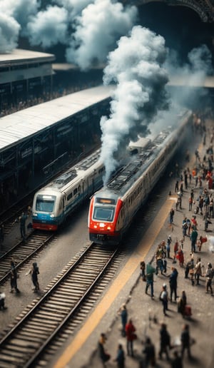 
A  miniature diorama of a popular train station, Use a Nikon D850 with a 35mm f/1.8 lens for a powerful shot of a train station full of people and multiple trains, smoke from the trains raise into the air, blurred background, tilted view looking down  clouds are seen