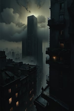  cloudy day, parkor person looking down at the street from balcony on top a giant sky scraper , looking down at streets bekbelo, , a strong fog near the building is seen overtaking the street below casting shadows, black sky, dark clouds, night time, art by ZdzisLaw Beksinski,
sharp focus, high quality, 4k high resolution,
dagobahlnd 