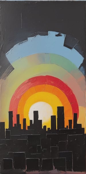  
high above in the sky image of a small sun with a black hand over shadows sun the sun, a rainbow of colors surrond the sky into the black canvas sky, sun overlooking the shadow of a ruined city

oil painting of geometric shapes and abstaction
Acrylic painting abstract illustration, 