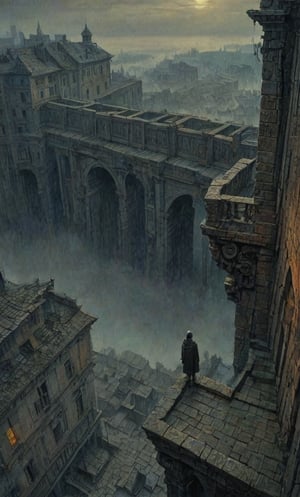  cloudy night, parkor person looking down from on top a giant balcony ,  labyrinth below, , a strong fog  is seen overtaking the labyrinthbelow casting shadows, blackness, dark clouds, night time, art by ZdzisLaw Beksinski, sharp focus, high quality, 4k high resolution, dagobahlnd, art by ZdzisLaw Beksinski,
sharp focus, high quality, 4k high resolution,
dagobahlnd 