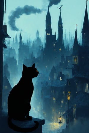 fairy tale illustrations,Simple minimum art, 
black cat of mischief looking over a city on chaos