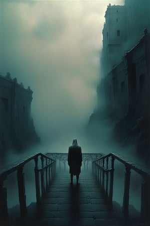  cloudy night, parkor person looking down from on top a giant balcony ,  labyrinth below, , a strong fog  is seen overtaking the labyrinthbelow casting shadows, blackness, dark clouds, night time, art by ZdzisLaw Beksinski, sharp focus, high quality, 4k high resolution, dagobahlnd, art by ZdzisLaw Beksinski,
sharp focus, high quality, 4k high resolution,
dagobahlnd 