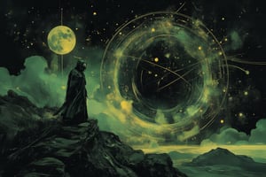 Illustration, dark fantasy, chiaroscuro, far away  side  shot, small image of a masked person walking down a hill, close up ofa giant geometric astromnomical patterned lines surrond the moon in the background, darkened sky