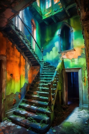 a ruined building with stairs sitting  haunted house interior, orange for lights, green and blue colors saturated and cinematic lighting, gothic style,painting with water colors