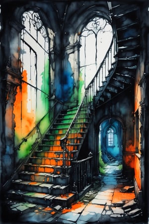 a ruined building with stairs sitting  haunted house interior, orange for lights, green and blue colors saturated and cinematic lighting, gothic ink style,painting with water colors,watercolor, black ink lines