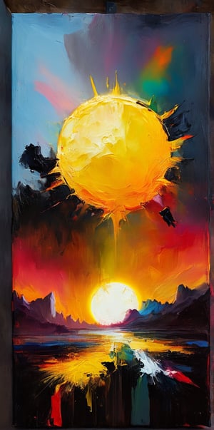  traces of a wide dry brush, oil paint, high-energy, dark gothic Acrylic painting abstract illustration, dark fantasy art. vibrant colors, dynamic compositions combined with geometric shapes. vibrant colors and  , back ground shows  a small sun during a  eclipse, yellow sun with black circlein the middle, a rainbow of colors surrond the sky into the  black canvas,art by sargent