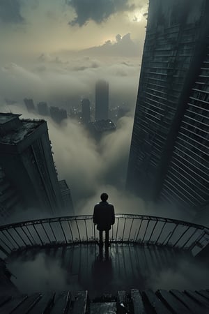  cloudy day, parkor person looking down at the street from balcony on top a giant sky scraper , looking down at streets bekbelo, , a strong fog near the building is seen overtaking the street below casting shadows, darkend sky, dark clouds, night time, art by ZdzisLaw Beksinski,
sharp focus, high quality, 4k high resolution,
dagobahlnd 