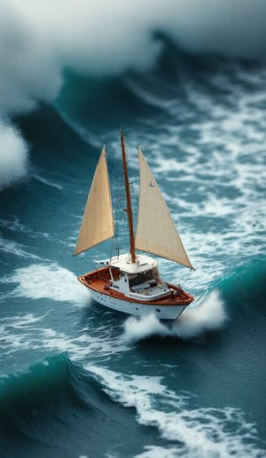 
A tilt-shift miniature diorama of a small yacht in a storm,Use a Nikon D850 with a 35mm f/1.8 lens for a powerful shot of a lone yacht in the storm with huge waves, tilted view from above the horizon blurred.