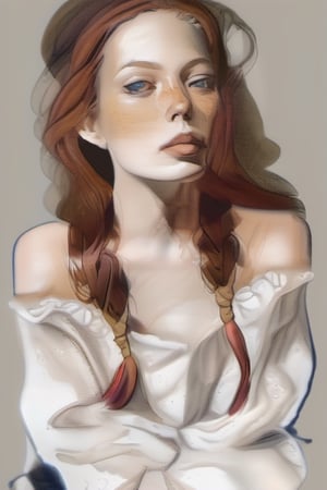 (Best quality, High quality, masterpiece, Artistic, Artistic painting, Painting Naturally, Modernism art, Watercolor, watercolor pencil painting, ligne_claire, Illustration), bare shoulder, 1 girl, deep v neck dress, (Painted by 3 person that is Egon Schiele and Pablo Picasso and John Barkey), stylized art,