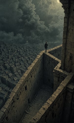  cloudy night, parkor person looking down from on top a giant balcony ,  labyrinth below, , a strong fog  is seen overtaking the labyrinthbelow casting shadows, blackness, dark clouds, night time, art by ZdzisLaw Beksinski, sharp focus, high quality, 4k high resolution, dagobahlnd, art by ZdzisLaw Beksinski,
sharp focus, high quality, 4k high resolution,
dagobahlnd 