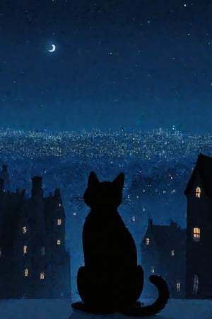 fairy tale illustrations,Simple minimum art, 
black cat of mischief looking over a city destoyed at night