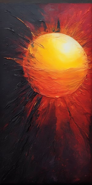  traces of a wide dry brush, oil paint, high-energy, Acrylic painting abstract illustration, dark fantasy art. vibrant colors, dynamic compositions combined with geometric shapes. vibrant colors and  ,  high above in the sky image of  a small  sun with a black hand eclipses the sun, a rainbow of colors surrond the sky into the  black canvas sky, sun overlooking the shadow of a ruined city