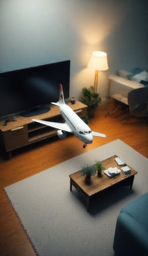 
A tilt-shift miniature diorama of a airplane flying over a person's living room, Use a Nikon D850 with a 35mm f/1.8 lens for a powerful shot of a airplane,  a tv, couch, a desk and a lamp can be seen below, tilted view from above the horizon blurred.