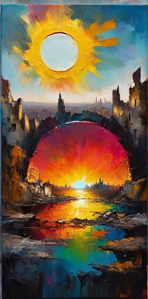  traces of a wide dry brush, oil paint, high-energy, dark gothic Acrylic painting abstract illustration, dark fantasy art. vibrant colors, dynamic compositions combined with geometric shapes. vibrant colors and  , back ground shows high above in the sky image of  a small sun during an  eclipse, yellow sun with black circle in the middle, a rainbow of colors surrond the sky into the  black canvas, overlooking the shadow of a ruined city