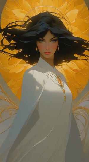 (Full figure) portrait of gorgeous singularity goddess,detailed exquisite face,detailed soft shiny skin,(Marigold Yellow,Turquoise Blue,Coral Pink,Gray Sky colors),dark art nouveau,hourglass figure,hyperdetailed,fullbody,(chiaroscuro lighting,soft rim lighting,key light reflecting in the eyes),octane render,kodachrome 800,rule of thirds,rukia,by Karol Bak,Luiz Escañuela and Hayao Miyazaki, real_booster,ani_booster,H effect,art_booster