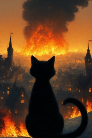 fairy tale illustrations,Simple minimum art, 
black cat of mischief looking over a city on fire