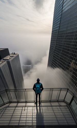 cloudy day, parkor person looking down at the street from balcony on top a giant sky scraper , looking down at streets bekbelo, , a strong fog near the building is seen overtaking the street below  casting shadows, darkend sky, dark clouds, night time
posted in mesmerizing 16K resolution