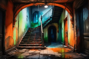 a ruined building entrance with twin stairs on both sides, grungy interior, orange light bulb, green, red and blue colors saturated and cinematic lighting, gothic ink style,painting with water colors,watercolor, black ink lines