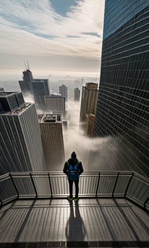 cloudy day, parkor person looking down at the street from balcony on top a giant sky scraper , looking down at streets bekbelo, , a strong fog near the building is seen overtaking the street below  casting shadows, darkend sky, dark clouds, night time
posted in mesmerizing 16K resolution