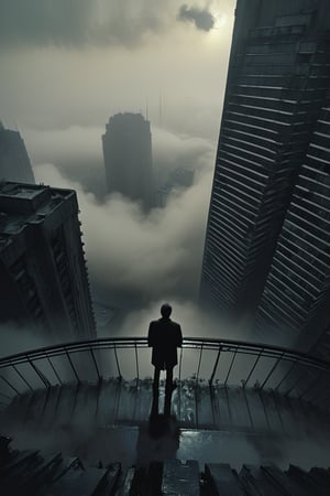  cloudy day, parkor person looking down at the street from balcony on top a giant sky scraper , looking down at streets bekbelo, , a strong fog near the building is seen overtaking the street below casting shadows, black sky, dark clouds, night time, art by ZdzisLaw Beksinski,
sharp focus, high quality, 4k high resolution,
dagobahlnd 