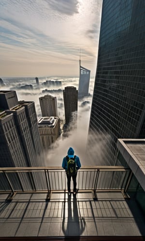 cloudy day, parkor person looking down at the street from balcony on top a giant sky scraper , looking down at streets bekbelo, , a strong fog near the building is seen overtaking the street below  casting shadows, darkend sky, dark clouds, night time
posted in mesmerizing 16K resolution