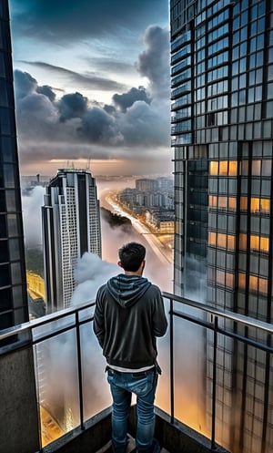 parkor person looking down at the street from balcony o top a giant sky scraper , looking down at streets bekbelo, , a strong fog near the building is seen overtaking the street below  casting shadows, darkend sky, dark clouds, night time
posted in mesmerizing 16K resolution