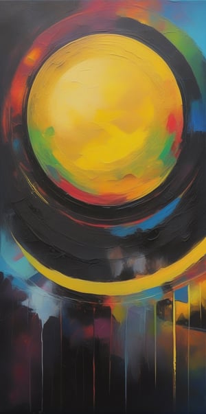  traces of a wide dry brush, oil paint, high-energy, dark gothic Acrylic painting abstract illustration, dark fantasy art. vibrant colors, dynamic compositions combined with geometric shapes. vibrant colors and  , back ground shows  a gaint sun during a  eclipse, yellow sun with black circle covering middle, a rainbow of colors surrond the sky into the  black canvas