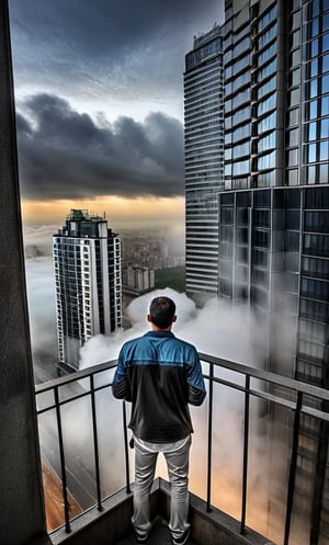 cloudy day, parkor person looking down at the street from balcony on top a giant sky scraper , looking down at streets bekbelo, , a strong fog near the building is seen overtaking the street below casting shadows, darkend sky, dark clouds, night time posted in mesmerizing 16K resolution