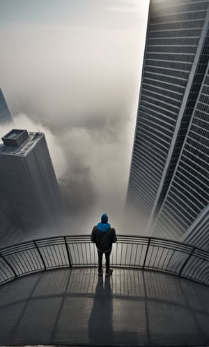 cloudy day, parkor person looking down at the street from balcony on top a giant sky scraper , looking down at streets bekbelo, , a strong fog near the building is seen overtaking the street below  casting shadows, darkend sky, dark clouds, night time
posted in mesmerizing 16K resolution