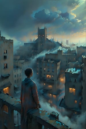  cloudy day, parkor person looking down at the street from balcony on top a giant sky scraper , looking down at streets bekbelo, , a strong fog near the building is seen overtaking the street below casting shadows, black sky, dark clouds, night time, art by ZdzisLaw Beksinski, sharp focus, high quality, 4k high resolution, dagobahlnd, art by ZdzisLaw Beksinski,
sharp focus, high quality, 4k high resolution,
dagobahlnd 