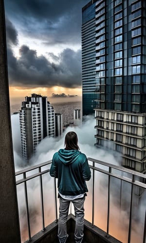 cloudy day, parkor person looking down at the street from balcony on top a giant sky scraper , looking down at streets bekbelo, , a strong fog near the building is seen overtaking the street below casting shadows, darkend sky, dark clouds, night time posted in mesmerizing 16K resolution