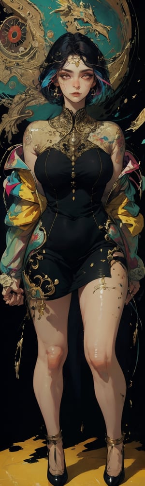 ((masterpiece, best quality)),black mini dress ,detailed face,detailed hands, vibrant artwork,Realism,Detailedface,good anatomy,complex_background,beauty,multicolored_hair,european,8k,HD,best shot,focus, short hair,REALISTIC,open jacket,big_hips,full_body,epic,
charismatic,bare legs,High detailed,big thighs,soft makeup,High detailed ,Color magic,standing