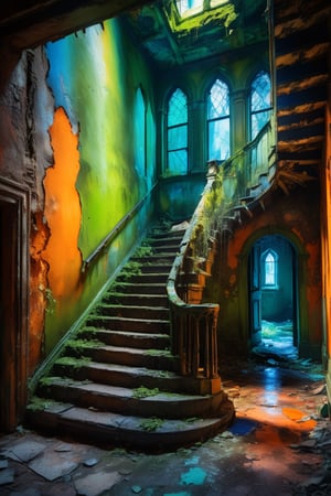 a ruined building with stairs sitting  haunted house interior, orange for lights, green and blue colors saturated and cinematic lighting, gothic style,painting with water colors