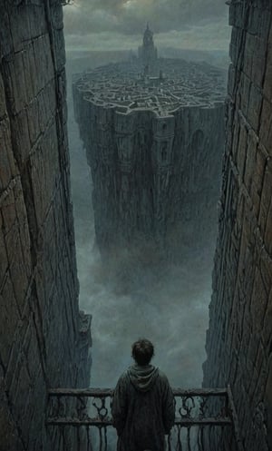  cloudy night, parkor person looking down from on top a giant balcony ,  labyrinth below, , a strong fog  is seen overtaking the labyrinthbelow casting shadows, blackness, dark clouds, night time, art by ZdzisLaw Beksinski, sharp focus, high quality, 4k high resolution, dagobahlnd, art by ZdzisLaw Beksinski,
sharp focus, high quality, 4k high resolution,
dagobahlnd 