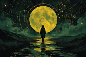 Illustration, dark fantasy, chiaroscuro, far away  side  shot, small image of a masked person on the left walking down a hill, close up ofa giant geometric astromnomical patterned lines surrond the moon center in the background, darkened sky