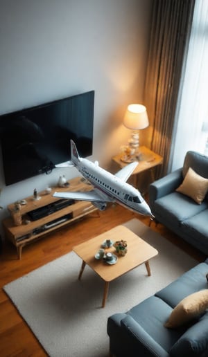 
A  miniature diorama of a small jet airplane flying over a person's living room, Use a Nikon D850 with a 35mm f/1.8 lens for a powerful shot of a airplane,  a tv, couch, a desk and a lamp can be seen blurred in the background, tilted view looking down at jet plane