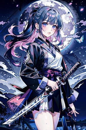 (masterpiece, best quality, highres:1.3), ultra resolution image, (1girl), (solo), kawaii, twilight hair, moonlight, clutching katana (blade gleaming under the moonlight:1.4), swift rust, leaves, magical, (serene background:1.3), butterflies, cherry blossom, fierce, determined eyes, vivid color, spectral moon, mysterious, faint mist, water surface, silver lighting, eyes glittering