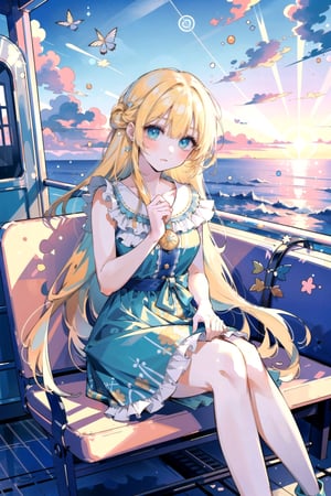 (masterpiece, best quality, highres:1.3), ultra resolution image, (1girl), (solo), kawaii, blonde hair, long flowing hair, sunlight, in the middle of the ocean, magical train, fantasy, azure sea, vibrant dress, railway bench, calm, sky, soothing sunset, (harmony of solitude:1.5), trainquil ocean, daylight, dreamlike, serene, hope