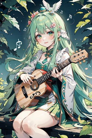 (masterpiece, best quality, highres:1.3), ultra resolution image, (1girl), (solo), kawaii, green flowing hair, long hair, lute,cute face, musical, surrounded by music notes, (music filling the air:1.5), fantasy, harmony, melody, soft, night time, (serene background:1.3), vivid color, sitting, (magical, musical aura:1.3), smile softly, forest, leaf, bird on head, nature, sitting